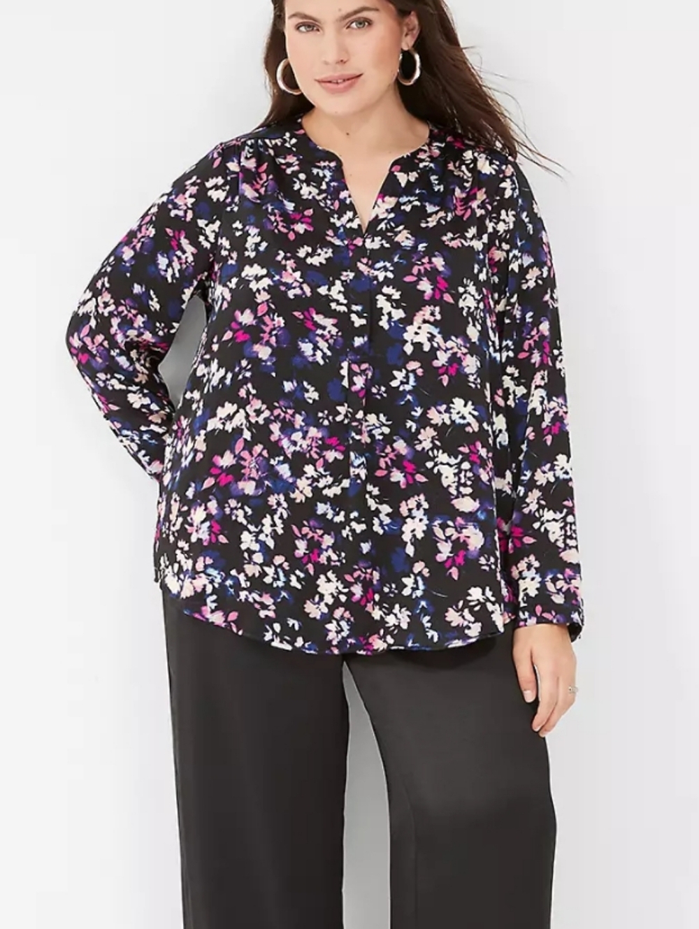 Lane Bryant Satin Pink & Blue Floral Ruched Shoulder Long Sleeve Blouse, Size 14